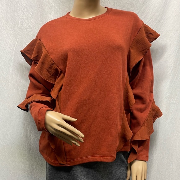 a new day Women's Rust Ruffled Sleeves Sweatshirt NWT - Picture 1 of 7